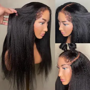 180% Density 4C Edges Kinky Straight Wig Human Hair 13x6 UHD Lace Frontal Wigs Pre-Cut Pre-Plucked 180% Density Yaki Straight Human Hair Wig Black Pre-Bleached Tiny Knots 18" Chrismas Party Wigs