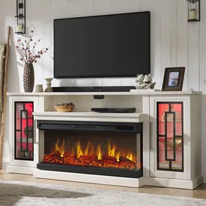 75 Inch Electric Fireplace TV Stand, 3- Side Glass LED Modern Media Entertainment Center Console Table for TVs up to 80/85 Inch w/Adjustable Flame, 40’’ Fireplace, Highboy, Distress White