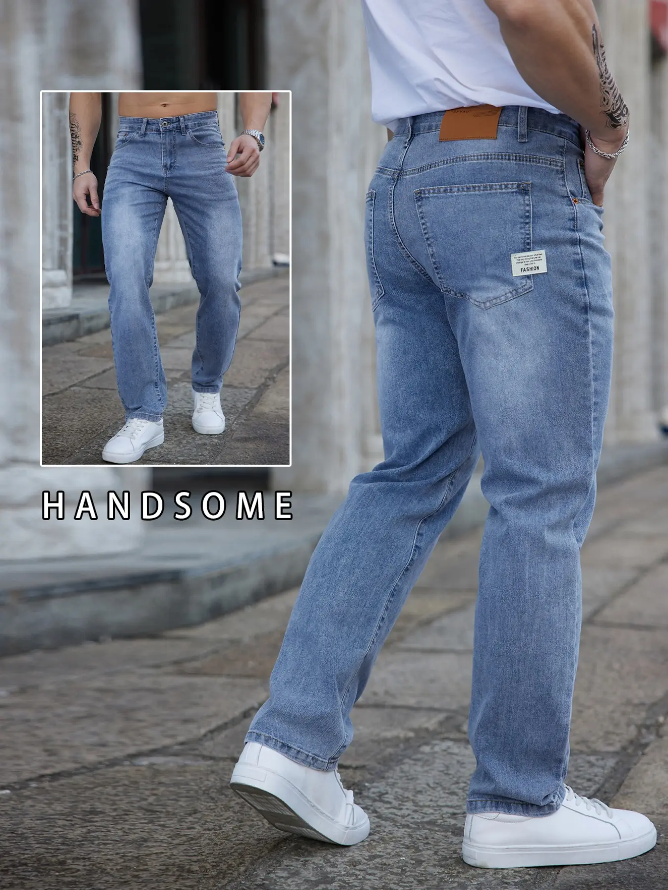 Men's Minimalist Light Blue Washed Straight Leg Pocket Jeans, Casual Comfy Long Denim Pants, Spring & Summer 2026 Everyday Wear