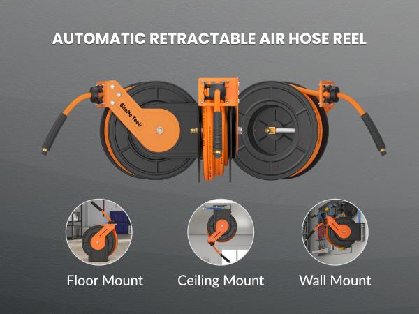 Giraffe Tools Retractable Air Hose Reel-Alloy Steel Reel-3/8in x50 FT Hybrid Air Hose Max 300 PSI,Wall Mount Heavy Duty Double Arm Steel Reel