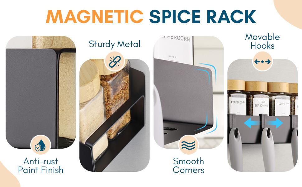 4 Pack Magnetic Spice Rack Organizer with Hooks for Refrigerator and Oven, Black Fridge Organizers and Storage for Kitchen