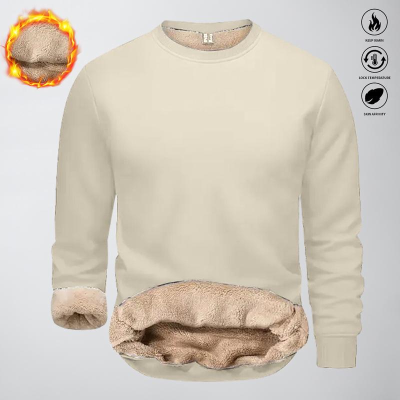 Men’s Solid Color Sherpa Sweatshirt - Minimalist Fleece Lined Crewneck Pullover - Warm Versatile Basic Top - Stylish Relaxed Fit for Outdoor and Daily Wear