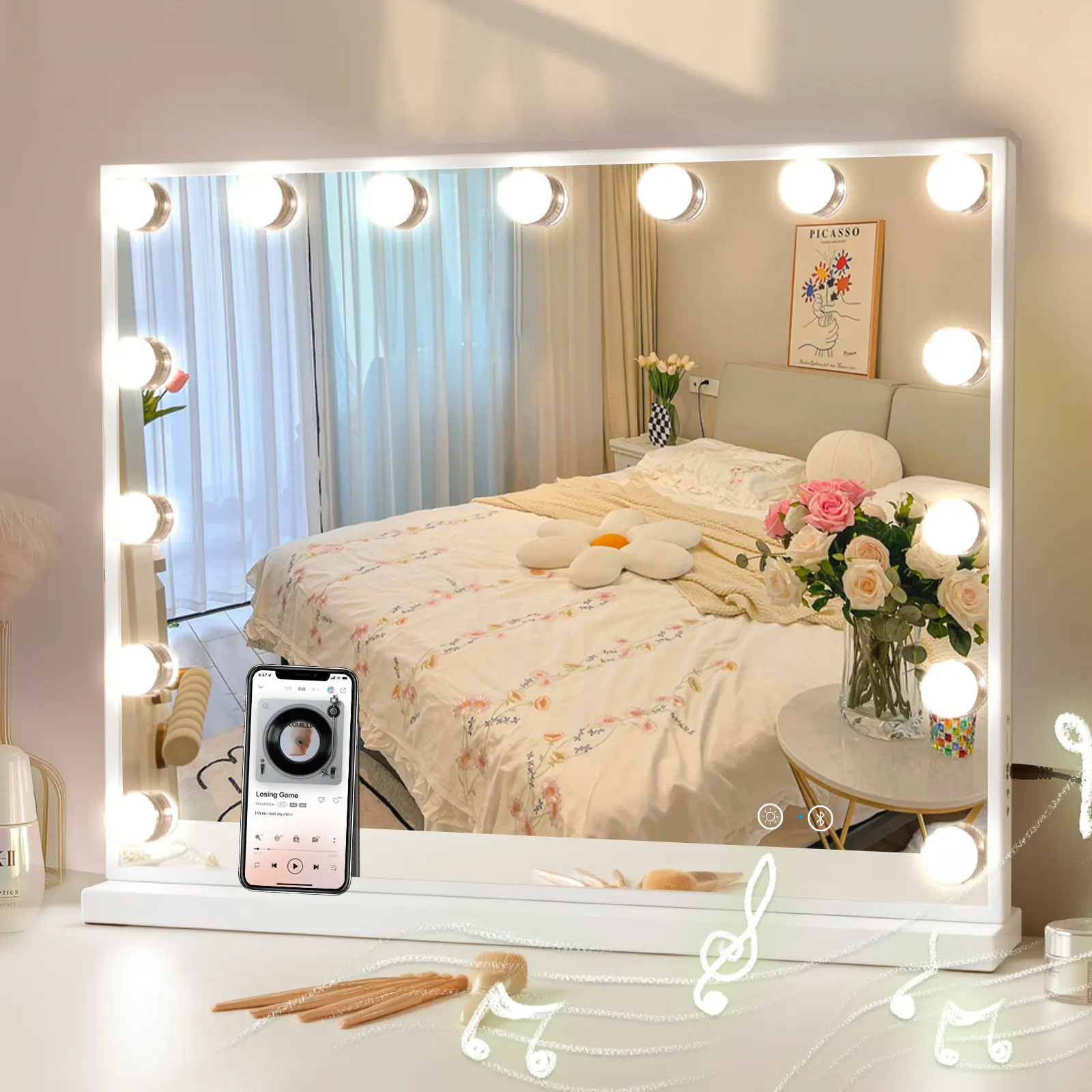 VANITII 23"×18" Horizontal Smart Lighted Multifunctional Mirror with Lights, Bluetooth Speaker, White Metal Tabletop-Wall Mount Adjustable Mirror for Home Decor, Smart Mirror, Lighted Mirror