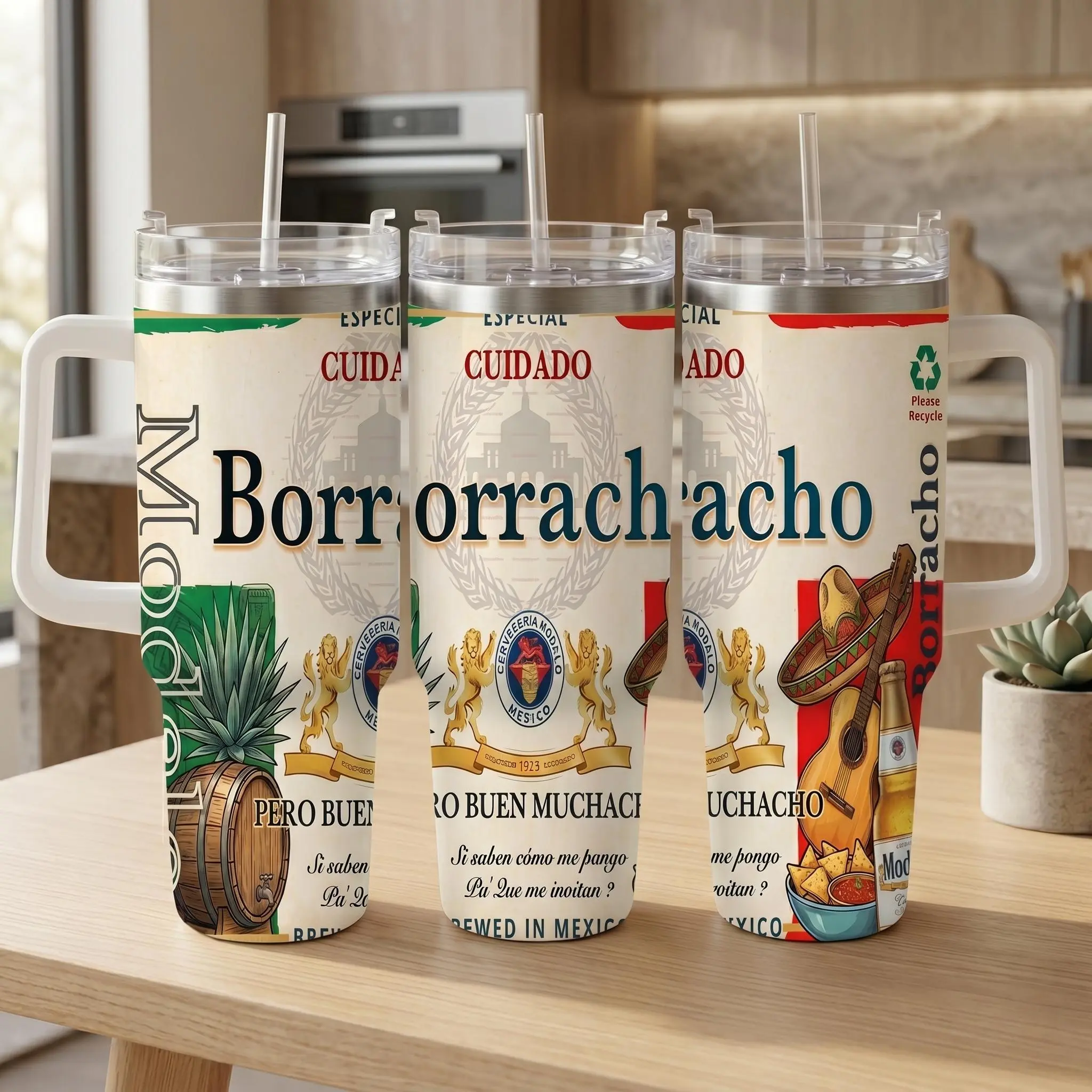 40oz/30oz/20oz Mexican Beer Inspired Tumbler with Handle, Borrachacho Plaid Straw Hat Guitar Print Insulated Stainless Steel Travel Mug, Funny Cinco de Mayo Fiesta Party Decor, Novelty Birthday Gifts for Men Him