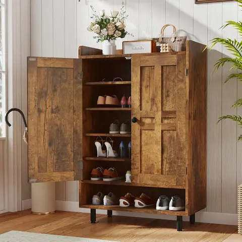 Farmhouse Shoe Cabinet with Doors, 6-Tier Wooden Shoe Organizer with Adjustable Shelves, Entryway Storage Cabinet with Metal Legs, Rustic Shoe Storage for Entryway or Living Room