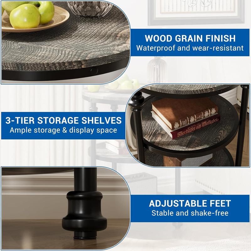 Round 3-Tier End Table with Storage, Rustic Farmhouse Side Table with Metal Column Legs, Dark Oak Accent Table for Living Room Bedroom, Industrial Style Nightstand, Easy Assembly Round 3-Tier End Table with Storage, Rustic Farmhouse Side Table with Metal Column Legs, Dark Oak Accent Table for Living Room Bedroom, Industrial Style Nightstand, Easy Assembly