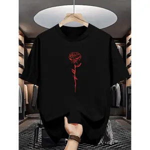 Elegant Black T-Shirt With Red Rose Print For Men Stylish Summer Round Neck Short Sleeve Tee In Breathable Polyester Fabric