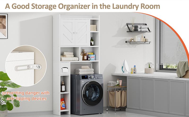 Walsunny Over The Toilet Storage Cabinet, Farmhouse Storage Cabinet with 2 Barn Door & Toilet Paper Holder Stand, Toilet Rack for Bathroom, Laundry Furniture Organizer, White