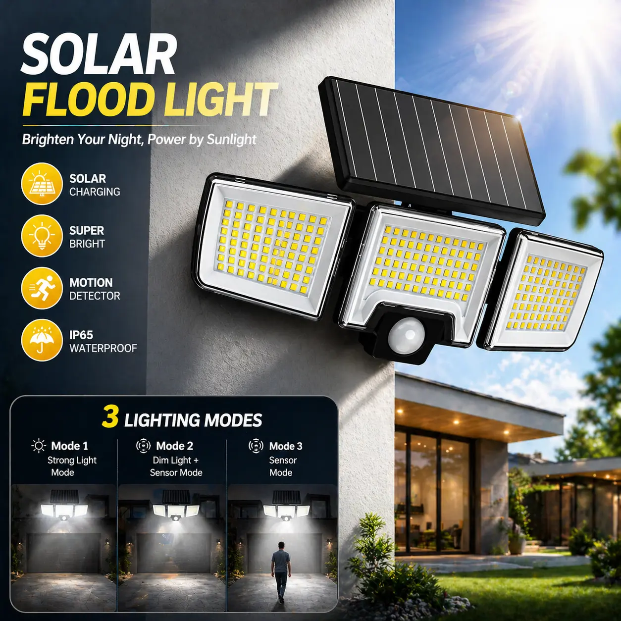 Solar Motion Sensor Outdoor Light 3-Head 216 LED Security Floodlight with Remote Control IP65 Waterproof Adjustable Wall Lamp Solar Powered Exterior Light for Garden Garage Yard Porch Driveway