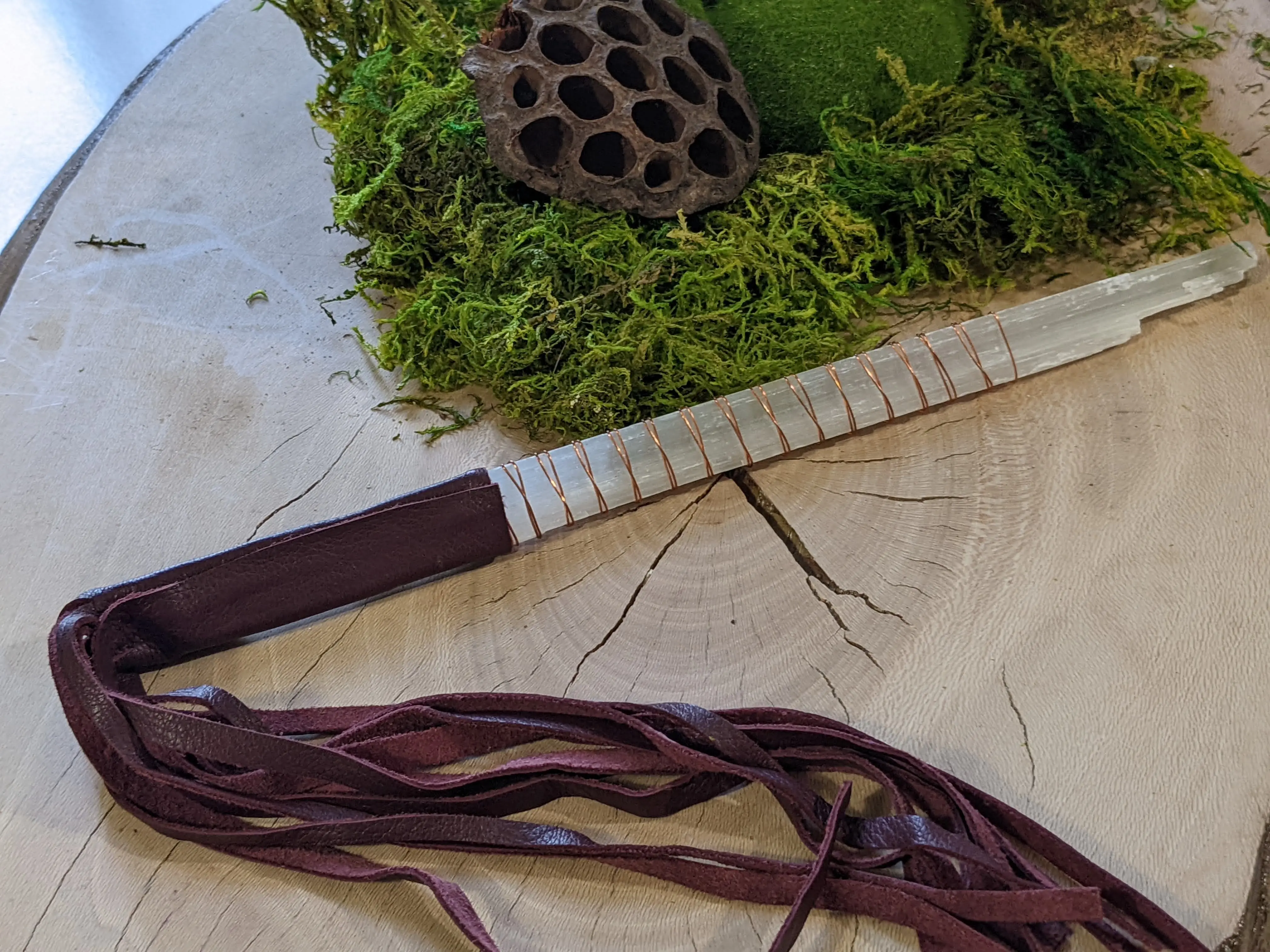 Selenite Ritual Wand Copper Burgandy Natural Stone Athame Crystal Sacred Ceremonial Handmade Altar Tool Protection Satin Spar Septer Rod