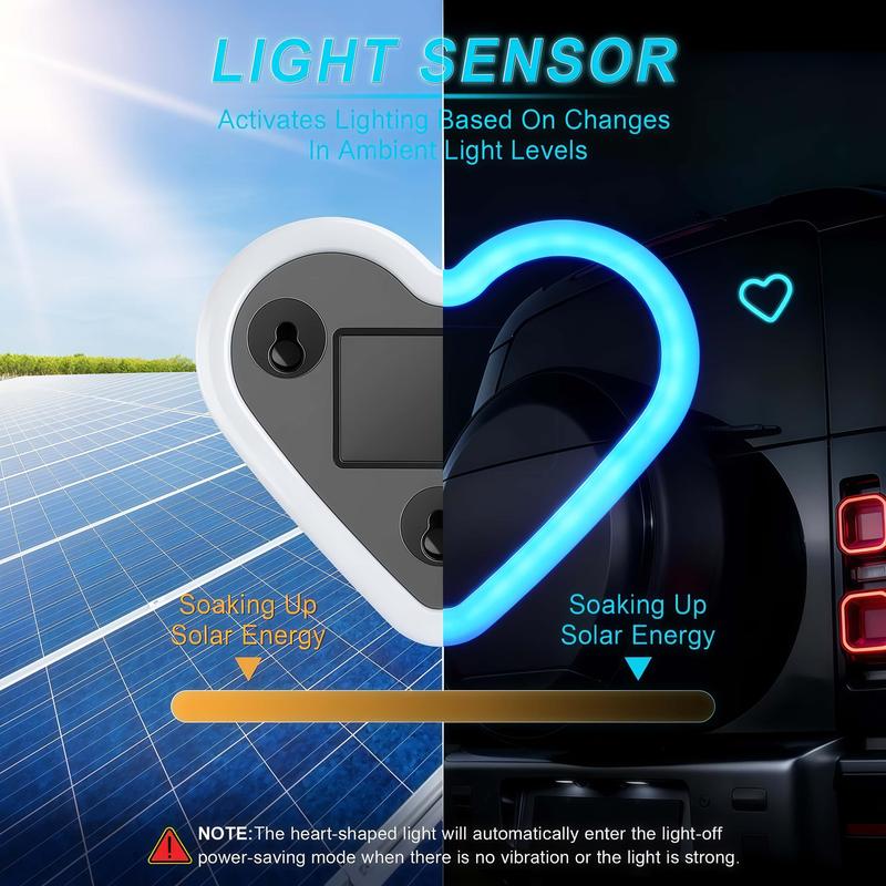 2PCS-Solar Powered Wireless LED Heart Shape C-Pillar Neon Light Eco-Friendly Modern Stylish Look for Car Interior Decor 9.57mm x 8.42mm x 15.36mm