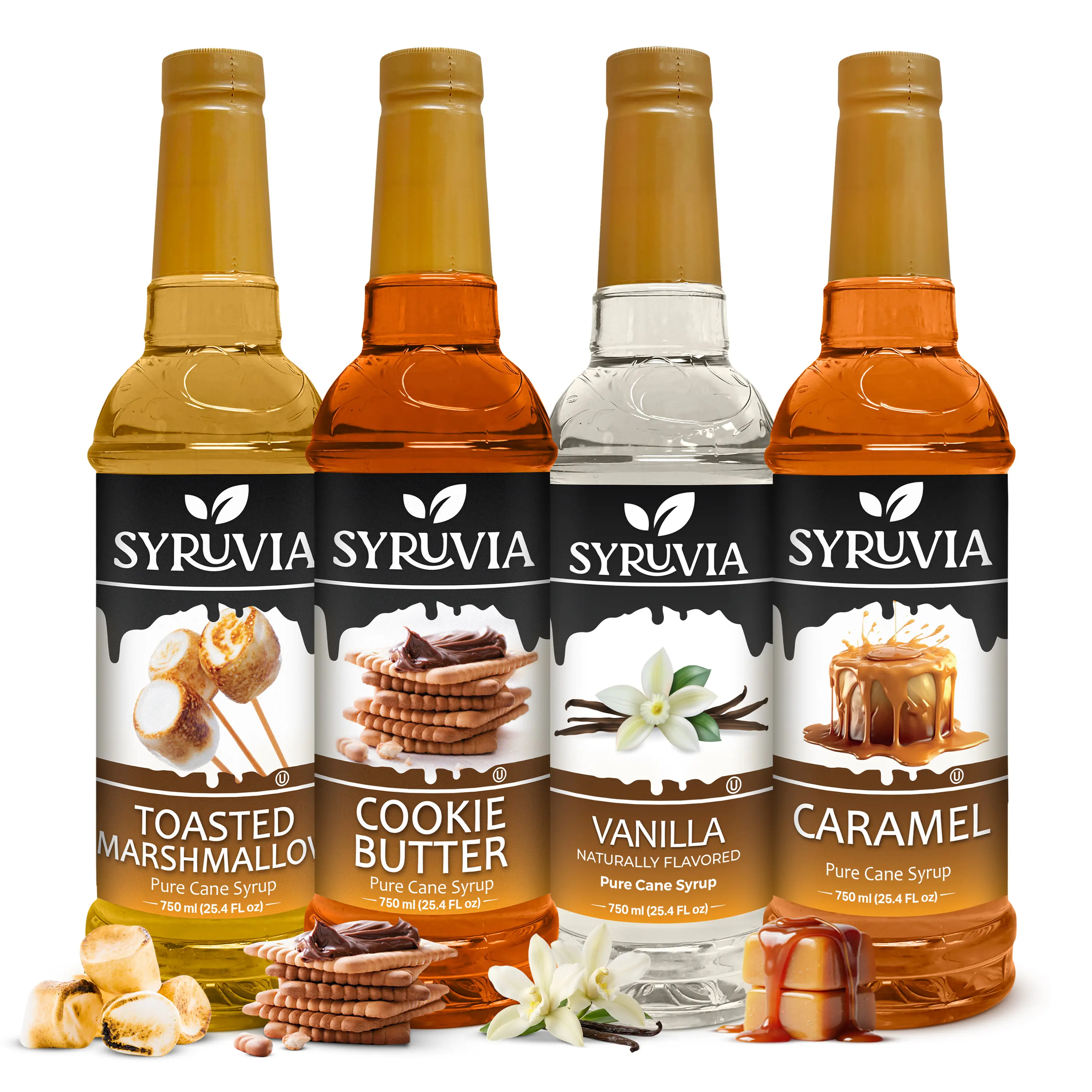 Syruvia Sweet Coffee Syrup Variety Pack - 4 Flavor Bottles (Toasted Marshmallow, Cookie Butter, Vanilla, Caramel) - 25.4 Fl oz Each - Ideal for Beverages, Lattes, Desserts, Beverage