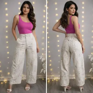 Floral Barril Denim Pants, high waist, wide leg, with stretch for women