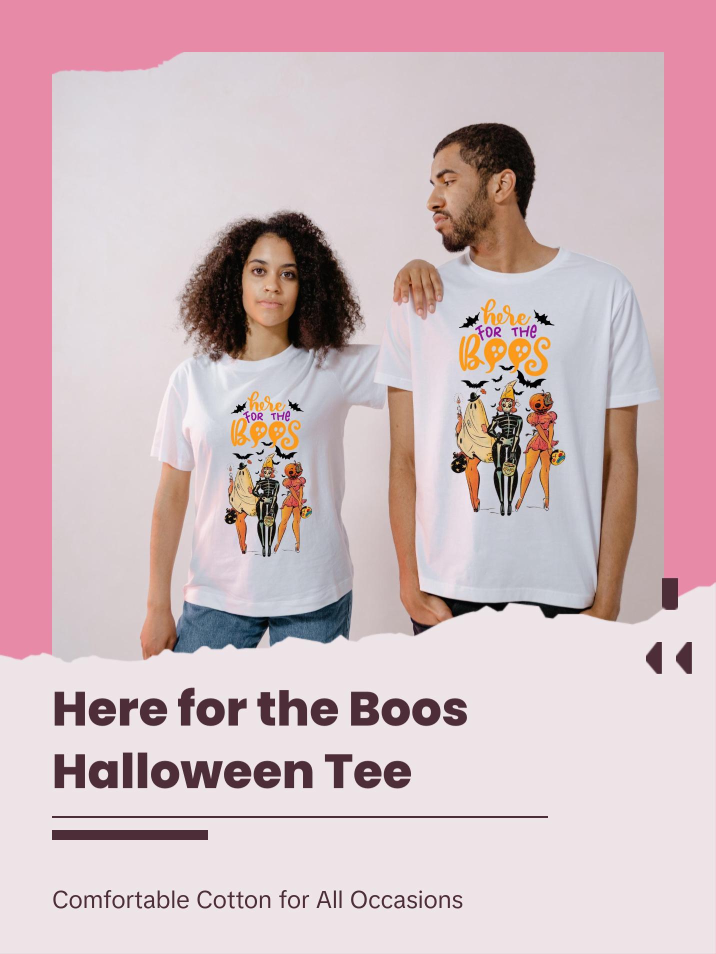 Here For The Boos Halloween Unisex Tshirt Ribbed Reinforced Collar Streetwear Cotton Tee Classic Tagless Comfort