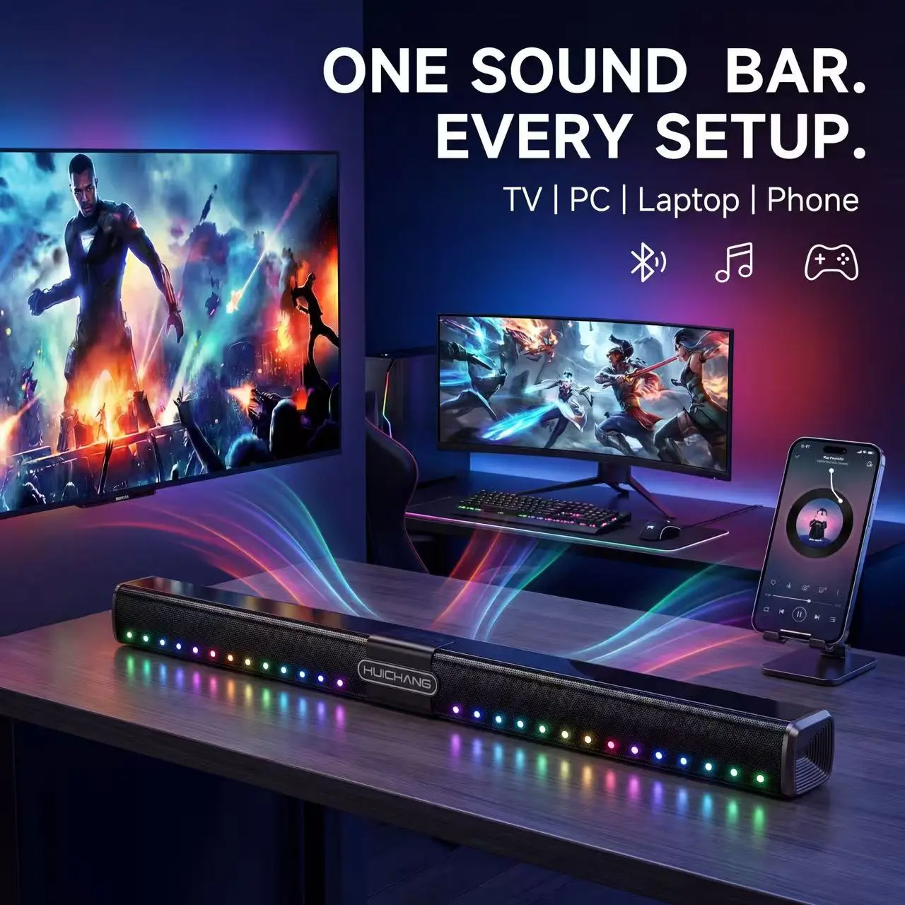 HUICHANG 10-Speaker RGB Soundbar Subwoofer - 34.6in Slim Piano Black Surround Sound System, Built-in Bluetooth 5.3, Bass Boosted, TWS Stereo, AUX/USB/Coaxial Inputs, Ideal for TV and Movies, Mobile Devices, Bluetooth Music Speakers, Built-In Bluetooth Spe