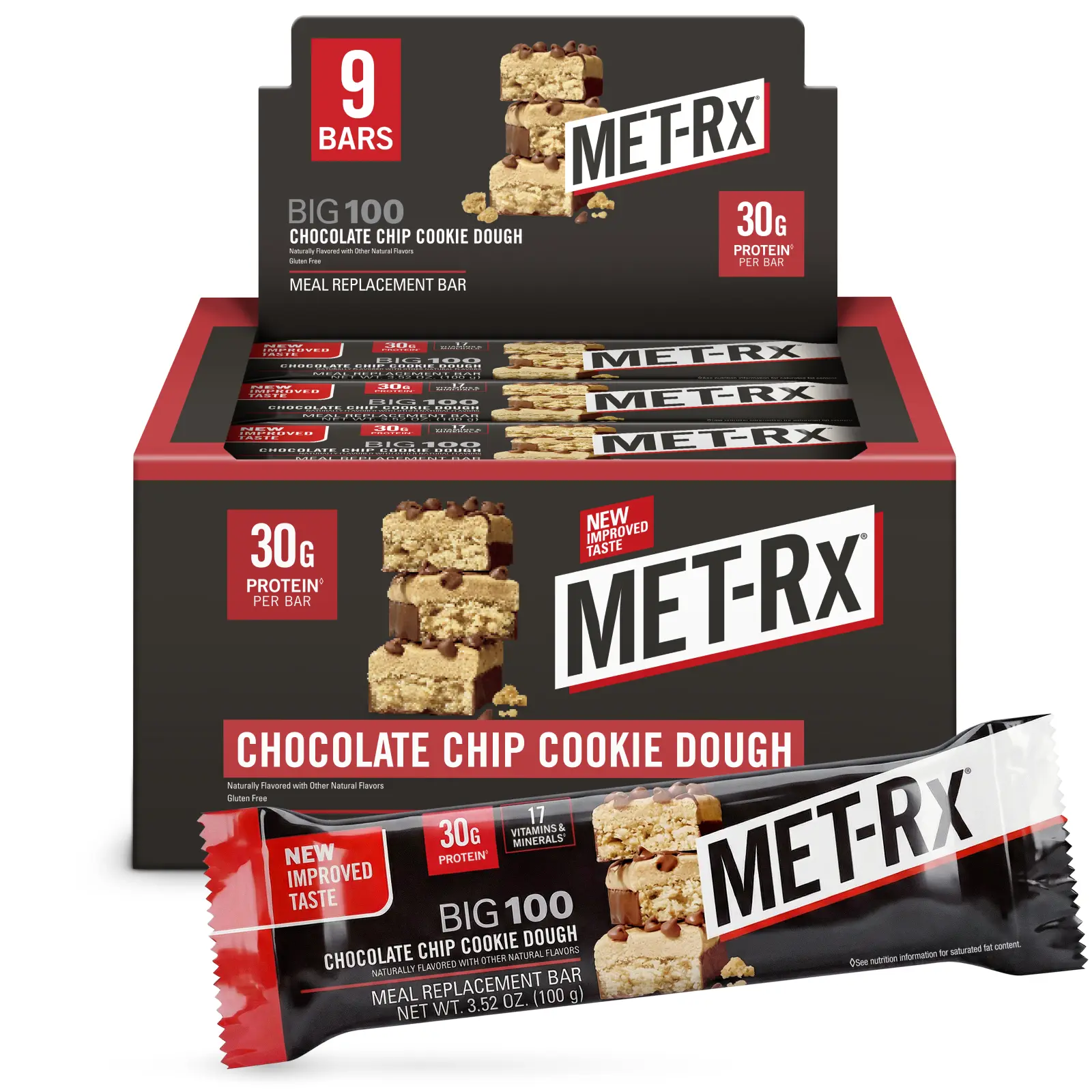 MET-Rx Big 100 Chocolate Chip Cookie Dough Protein Bars | 30g Protein | 9 Bars | Meal Replacement | METAMYOSYN Blend