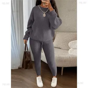 2025Women's Solid Drop Shoulder Long Sleeve Sweater & Drawstring Waist Pants Set, Casual Fashion Cozy Knitwear for Daily Outdoor Wear, Ladies Fall & Winter ClothesXCC121
