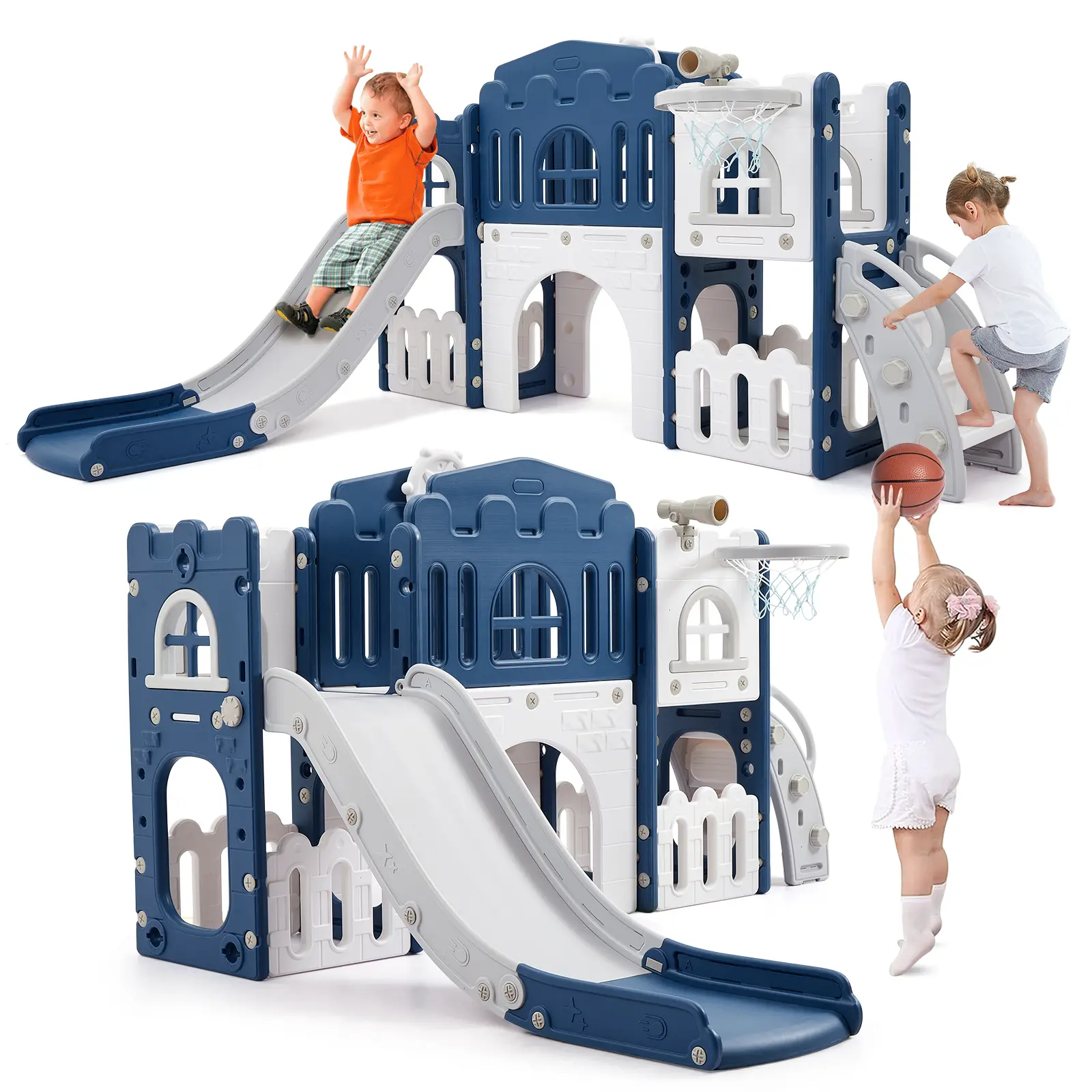 Plastic 8-in-1 Compact Indoor Playground Playset for Toddlers - Slide, Climber, Crawling Tunnel, Basketball Hoop, Telescope, Toy Storage - Sturdy Multi-Use Activity Equipment for Ages 1-3 - Indoor/Outdoor Play