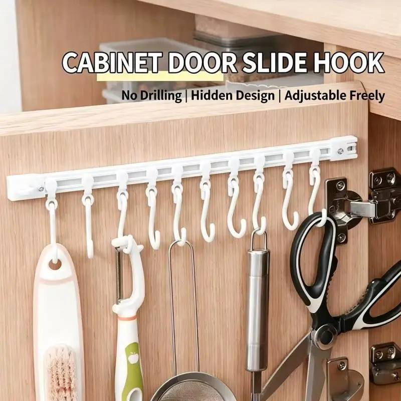 Multifunctional removable sliding rail hooks, adhesive wall hook racks, kitchen utensil racks with 10 hooks, hanging storage racks for cabinets in the bathroom, kitchen, and bedroom,