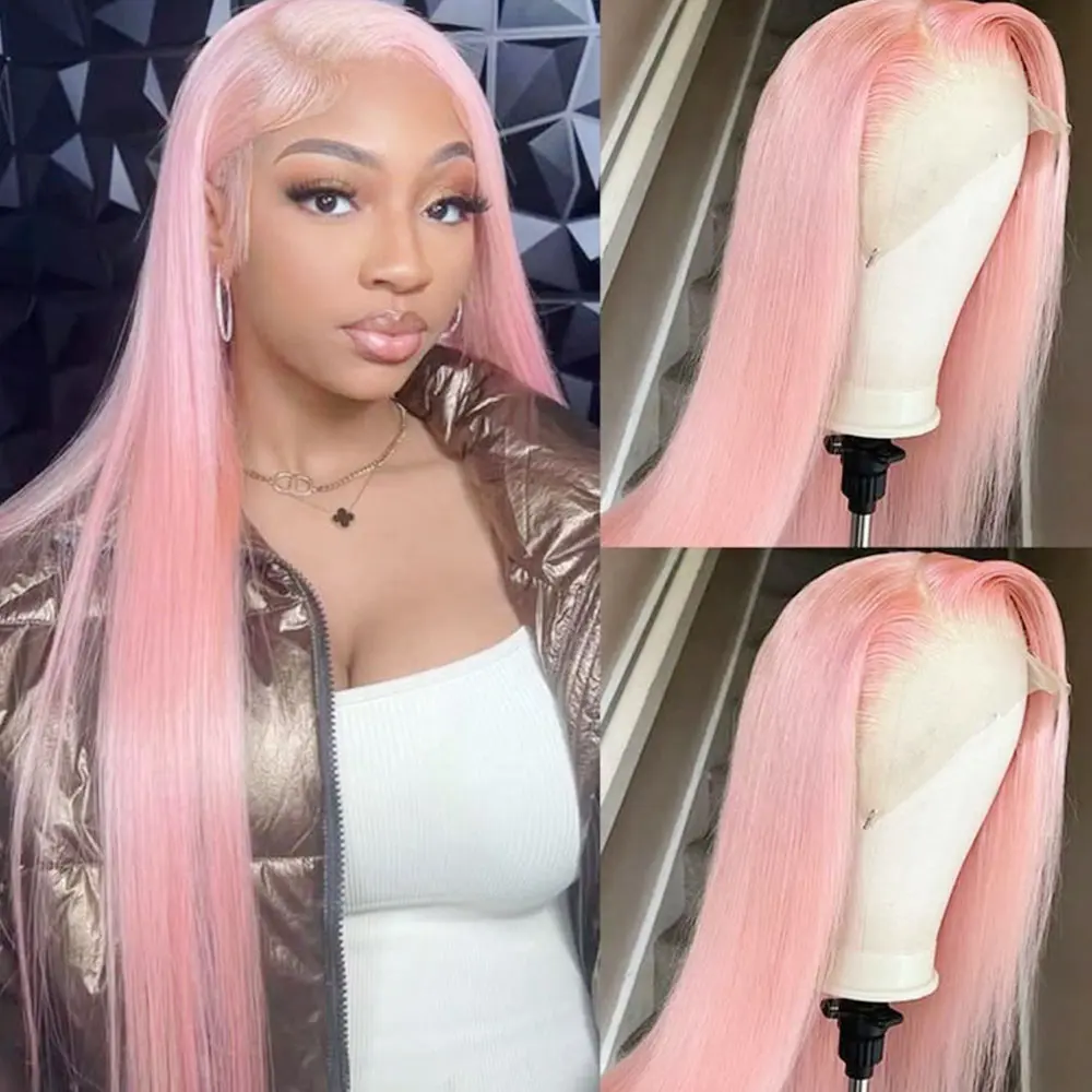 Female 28-Inch 13x4 Pink Lace Front Wig, Long Straight Light Pink Synthetic Hair, High Density, Pre-Plucked Glueless Design, Heat Resistant Fiber, Middle Part, Ideal for Daily Wear & Valentine's Day Gifts Colored Wig Hair Stylist Wig