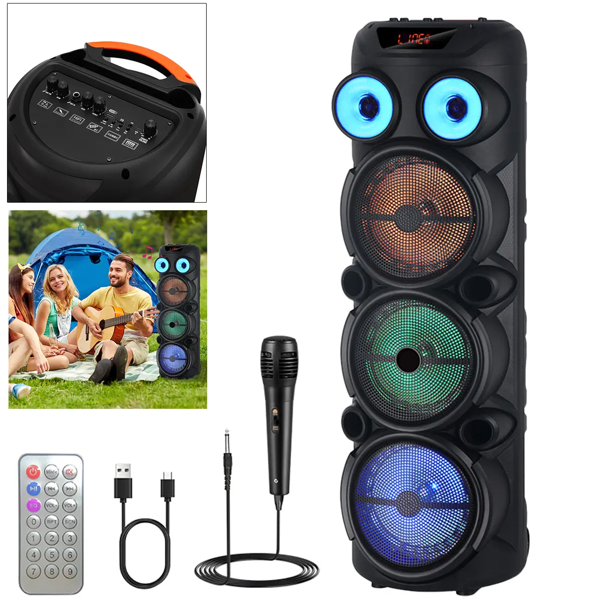 Portable Bluetooth PA Speaker System with 3 x 8" Woofers, Wired Microphone, Colorful LED Lights, Audio Playback, Card Slot, Control Buttons & Fast Charging for Party Use,back to school,back to school haul