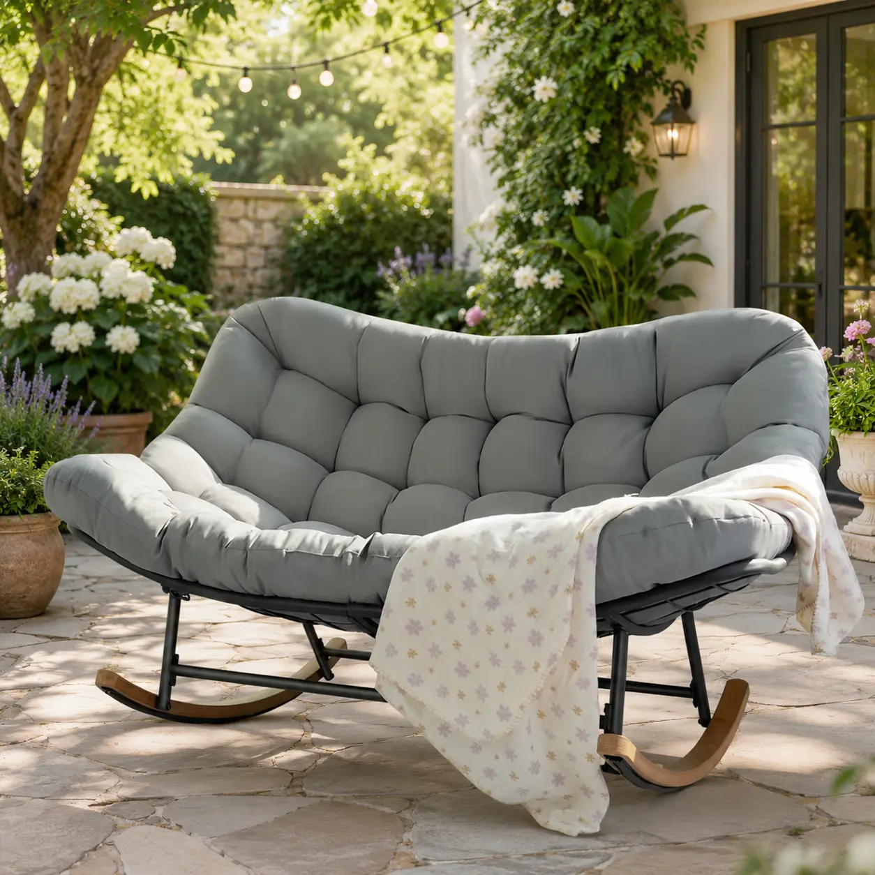 2-Person Oversized Papasan Chair, Heavy-Duty Metal Frame Outdoor Rocking Chair with Gentle Rock, Thick Cushion, Curved Seat, 660lb Capacity Patio Yard Furniture