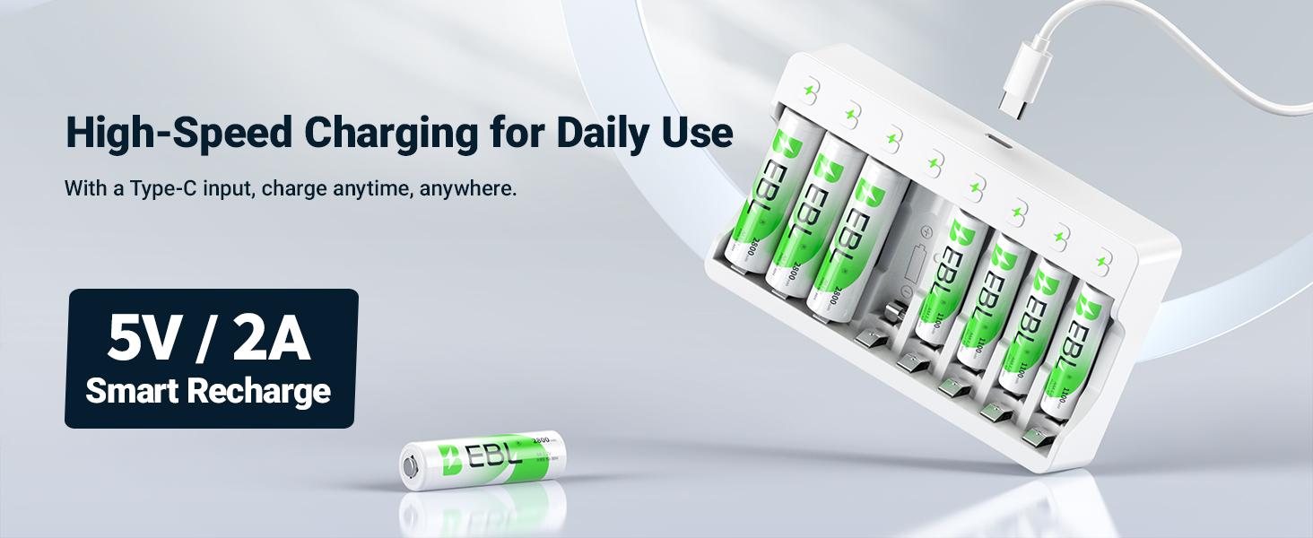 EBL Rechargeable AA Batteries 2800mAh and AAA Ni-MH Rechargeable Batteries 1100mAh with 8-Bay AA AAA Individual Battery Charger