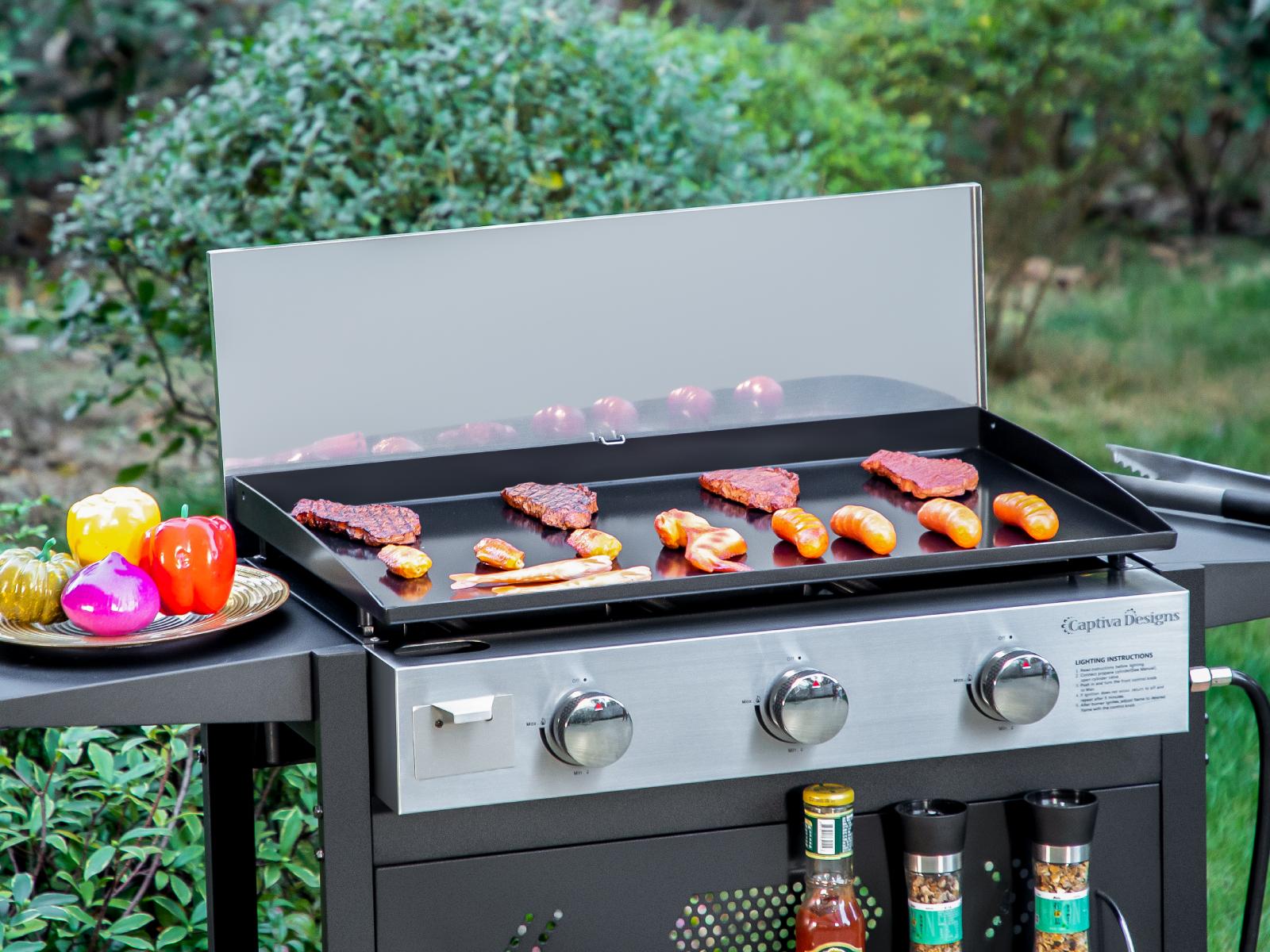 Kitchen Academy 27 Inch Flat Top Grill with Ceramic Coated Cast Iron Pan, 3-Burner Propane Gas, Nonstick Design, Stainless Steel Barbecue Home Food Kitchenware