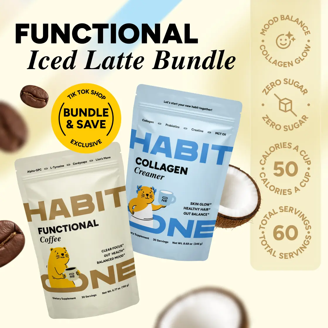 HabitONE Functional Iced Latte Bundle | 60 Servings, Pack of 2 | Mushroom Coffee & Collagen Protein Creamer | Adaptogens + Nootropics | 0g Sugar