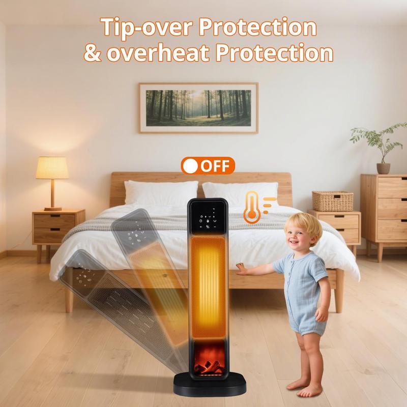Space Heaters for Indoor Use 1500W PTC Electric Fireplace Heater with 90° Oscillation Child Lock Tip-over Protection Eco Mode 12h Timer Remote Control 3D Flame Effect Home & Office Heating System