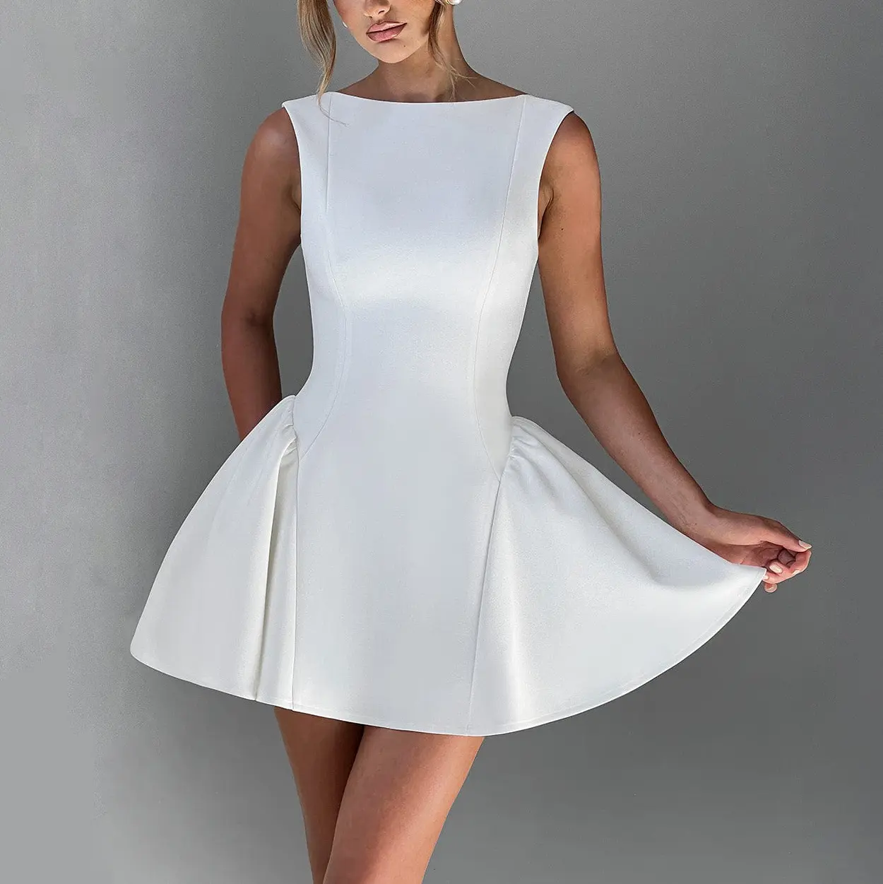 OYV Women's Sleeveless Fit and Flare Mini Dress Slim Fit Flared Hem White Elegant Cocktail Party Wedding Guest Graduation Dresses