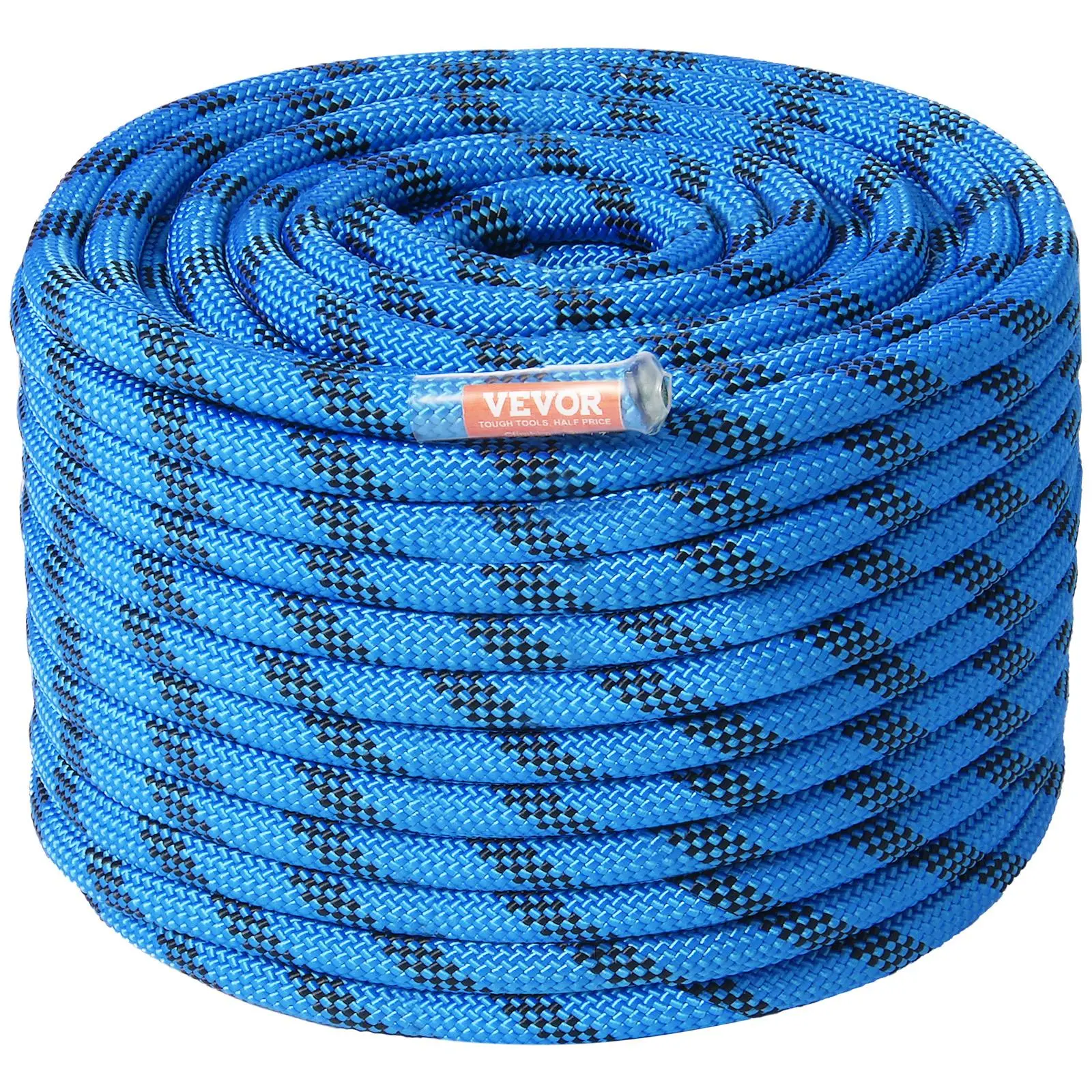 VEVOR 12.7mm Static Climbing Rope,  60.9M(200ft) Outdoor Rock Climbing Rope 30KN Breaking Tension, Fiber Rope with Steel Snap Hooks for Escape, Rappelling, Fire Rescue, Blue
