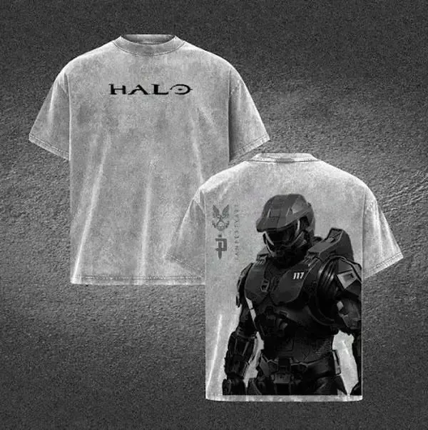 Men's Halo Master Chief Double Printed Acid Washed Menswear Tee, Round Neck Short Sleeve Soft Cotton Oversized Loose Fit Retro Gaming Graphic Top, Lightweight Casual Streetwear Gamer Holiday Gift, Shortsleeve