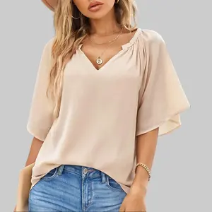Shewin 2026 Spring/Summer Women's  Batwing Top V Neck Loose Fit Chiffon Blouse Shirt Casual Pleated Flowy Tunic Tops for Work Comfortable No Stretch Basic Style Beige SpringStatements