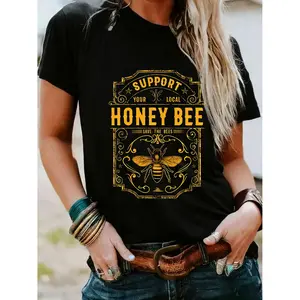 Vintage Women's Honey Bee Graphic T-Shirt, Round Neck, Short Sleeves, Trendy Casual Summer Outfit