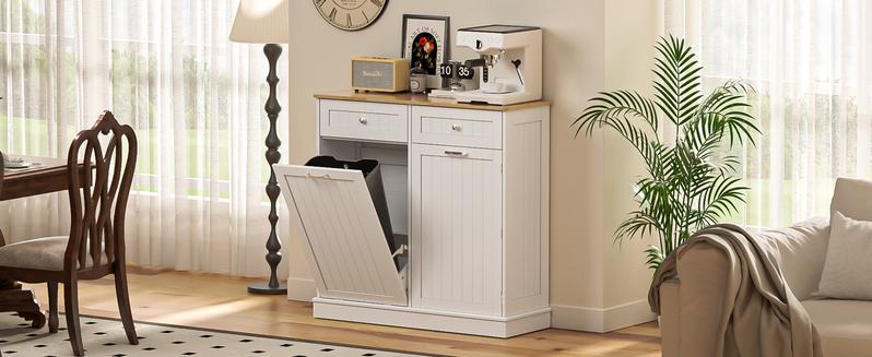 【Does Not Include Trash Can】 Spurgehom Single Tilt-Out Trash Can Cabinet, 13 Gallon Hidden Garbage Bin with Door Shelf, Pet-Proof Kitchen Storage Cabinet