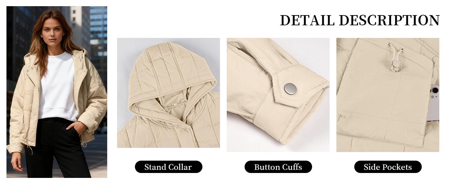 Tanming Women's Oversized Quilted Hooded Jacket with Pockets and Adjustable Hem Warm Casual Loose Fit Short Winter Coat Outerwear for Cold Weather