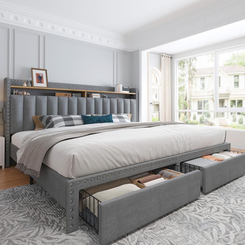 Raybee Luxury Bed Frame with 2 Storage Drawers & 2 Tiers of Shelves, No Mattress, Platform Upholstered Bed Frame for Full, Queen, King with Wood Slats, Holds 900LBS, Noise Free,No Box Spring Needed, Gray, Beige
