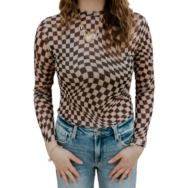 Znacicc Women's Super Chic Checkered Mesh Mock Neck  Winteroutfit Long Sleeve Top - Chic Shirt for Women - Womenswear