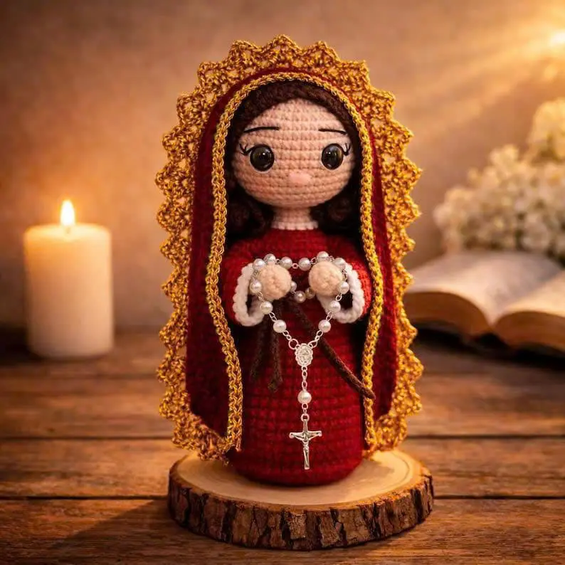 Handmade Crochet Virgin Mary Doll Catholic Plush Religious Gift Amigurumi Prayer Doll Christian Home Decor Rosary Keepsake