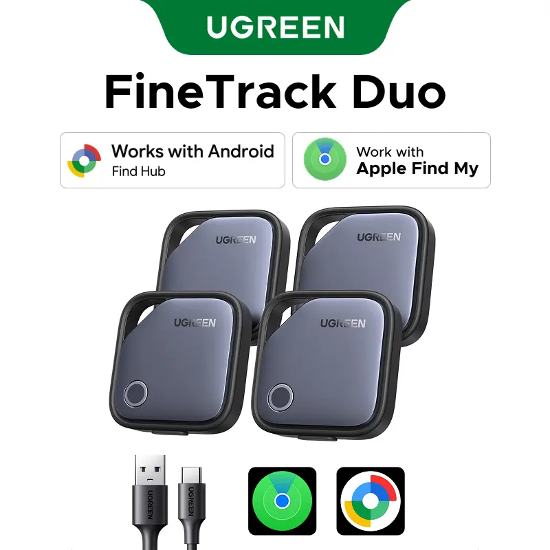 UGREEN Finder Duo (iOS and Android) Air Tracker Tags 4 Pack, 1-Year USB-C Rechargeable Battery Bluetooth Tracker Compatible with Apple Find My or Find Hub App, Item Finder Smart Tag for Key Luggage tiktokshopbacktoschool