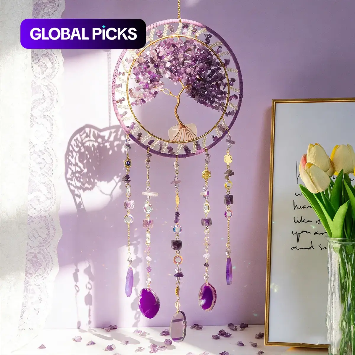 Handmade Bohemian Tree of Life Dream Catcher and Sun Catcher, Crystal and Gemstone Wall Hanging with Natural Agate Pendant, Boho Home Decor for Room, Window and Patio, Birthday Gift for Indoor and Outdoor Use #GLOBAL PICKS