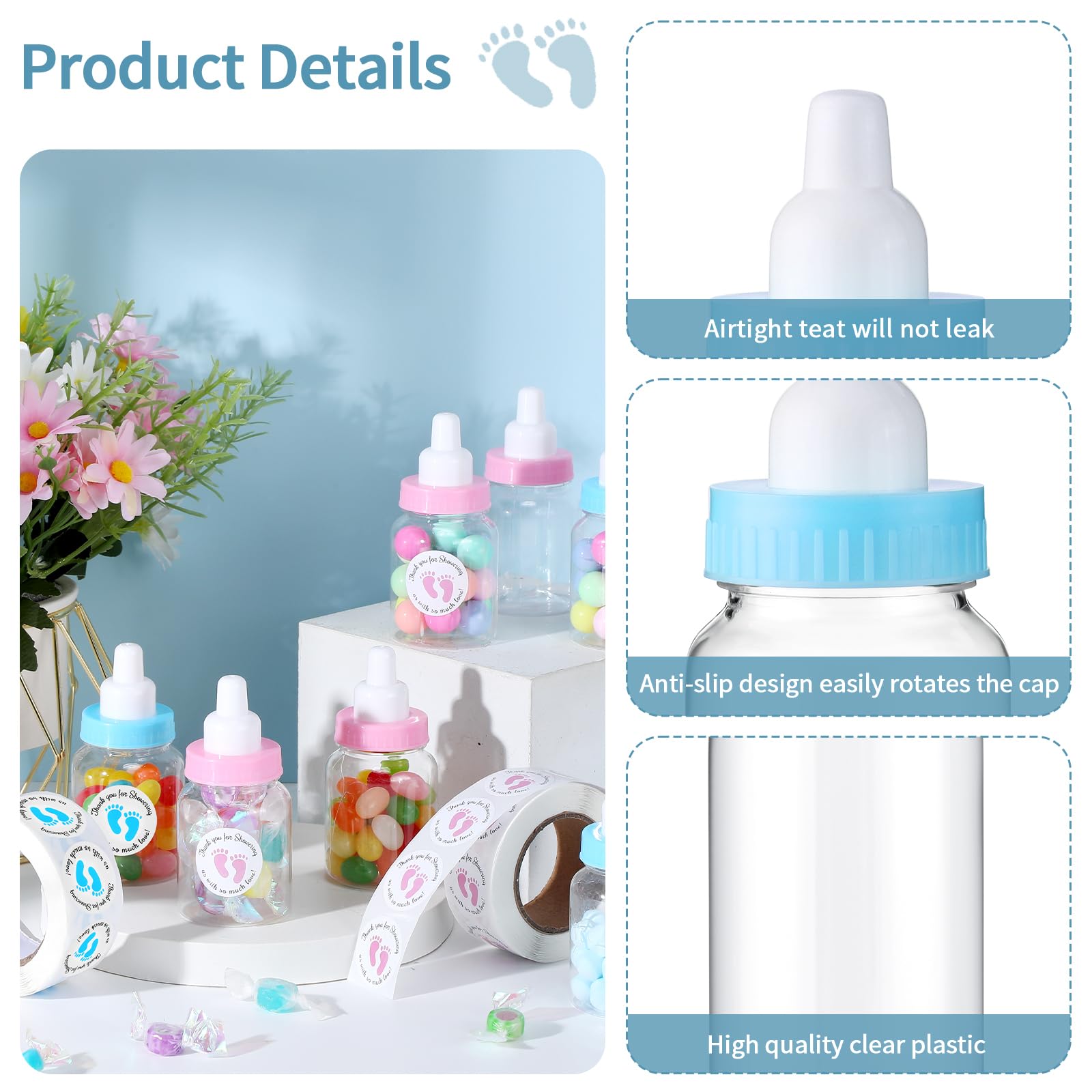 24/48 Pcs Baby Shower Prize Mini Baby Bottles Chug Plastic Milk Bottles Candy Baby Bottles with Thank You Showering Stickers and Bows Thank You Gifts for Guests,Birthday Party Baby Shower Favors Gift