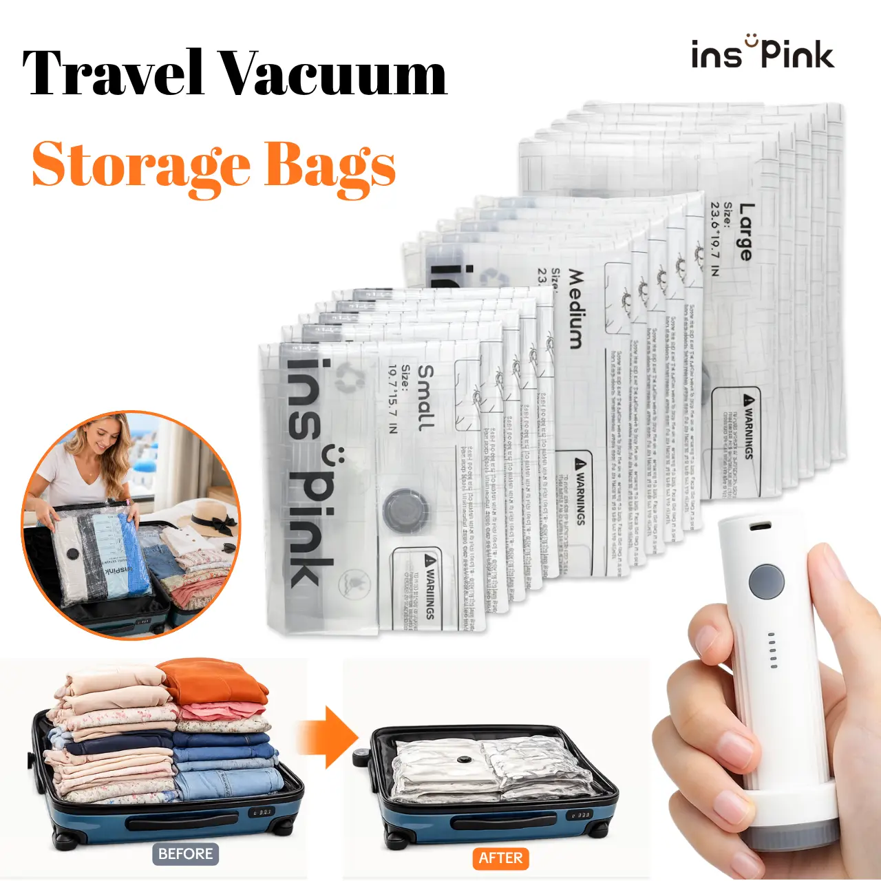 [Inspink] Travel Vacuum Seal Storage Bags with USB Rechargeable Electric Pump - Compression Space Saver, Durable Lightweight Organizer, Multi-Size Organizer Storage for Garment, Outdoor Camping, Dorm Essentials