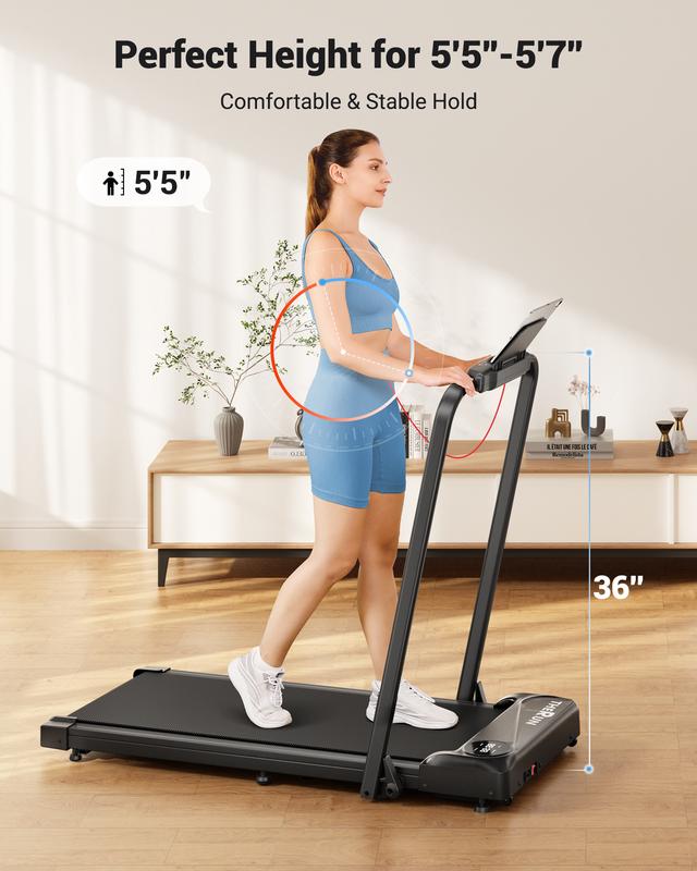 Foldable Walking Pad Treadmill with Handle, Low-Noise Motor 300 lbs Load Shock Absorption LED Display & Remote Control Compact Treadmill for Home & Office Exercise