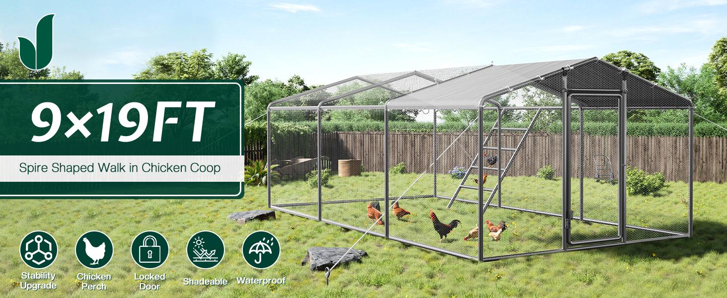AMERLIFE  Large Chicken Coop with Perch and Hinged Door, Spire/Dome Roof Walk-in Chicken Run with Metal Frame and PE Cover for Backyard Poultry, Ducks, RabbitsBest Gift Ideas/Christmas Gifts