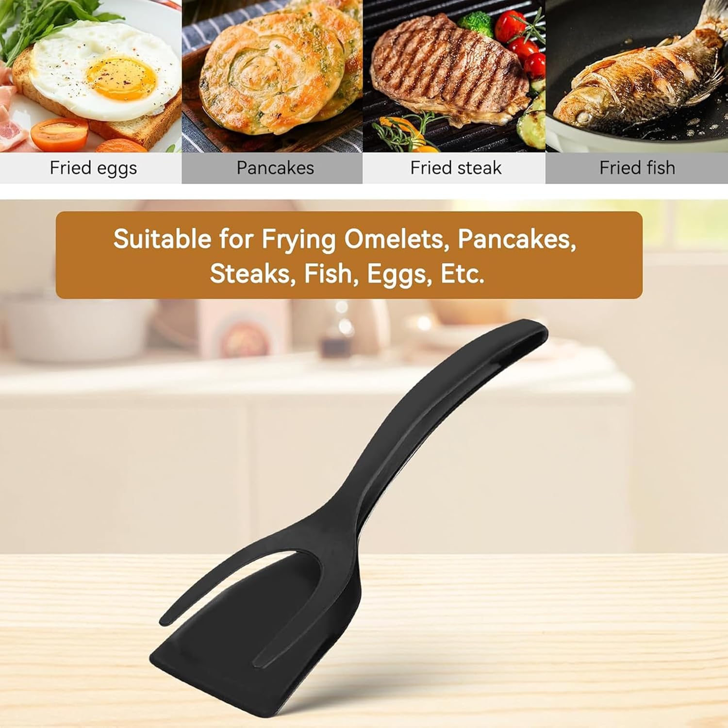 BRODARK 2-in-1 Silicone Shovel & Tweezers Tongs - Black Egg Flipper Pancake Steak Turner Omelet Maker Spatula Fish French Toast Tongs for Home Kitchen Cooking Tools Utensils