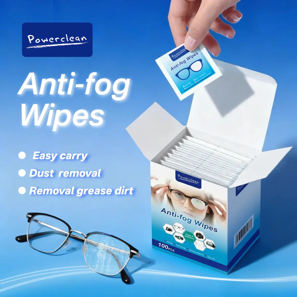 Pickzone Anti-Fog Lens Wipes, 100pcs Pack Individually Wrapped Streak-Free Cleaner for Eyeglasses, Goggles/Sunglasses, Phone & Electronic Screens