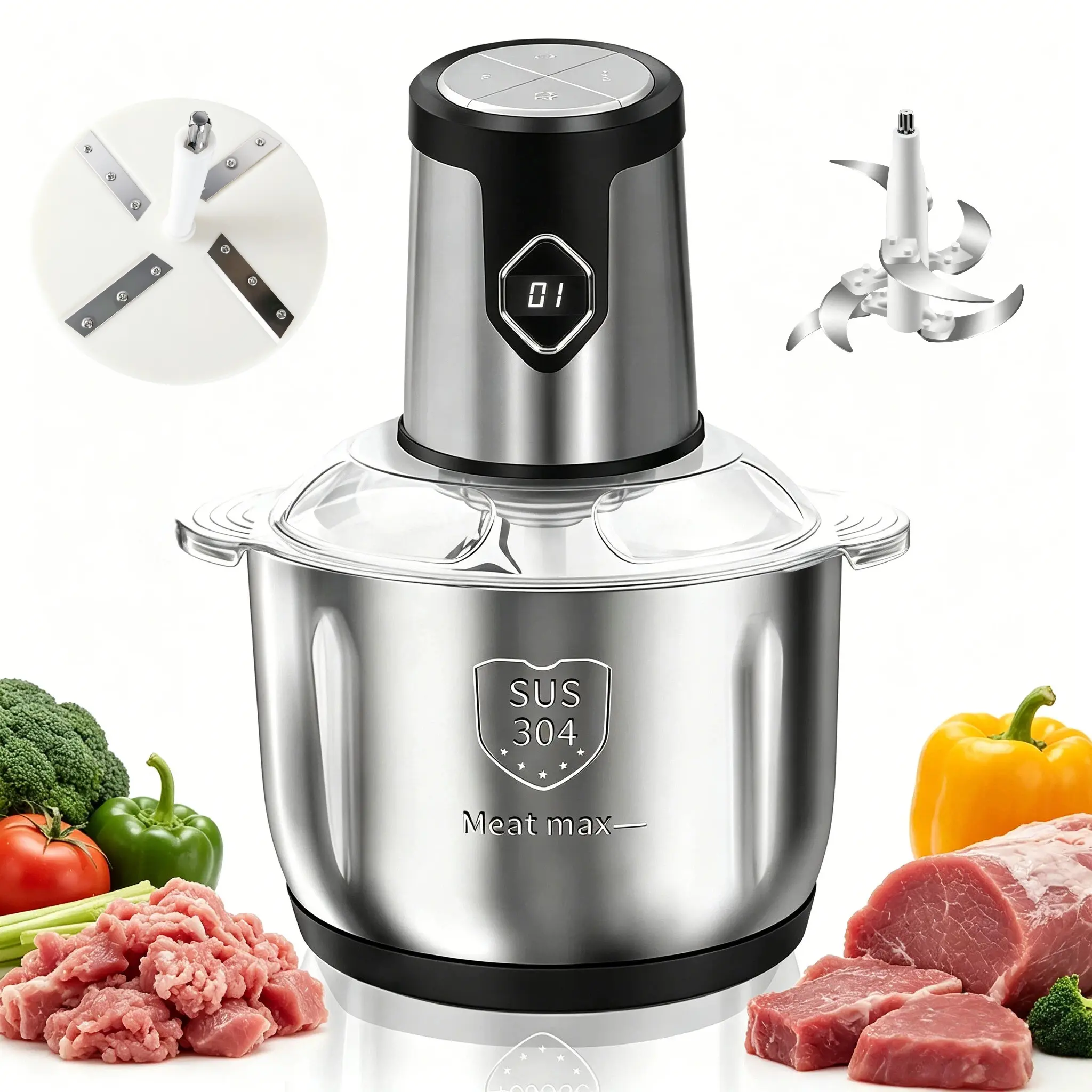 Taufikt Stainless Steel Meat Grinding Machine (5L/20Cups), 500W Kitchen Machine, 6-Blade Household Kitchen Appliance with 2-Min Heat Protect, Dishwasher-Safe for Vegetables, Nuts