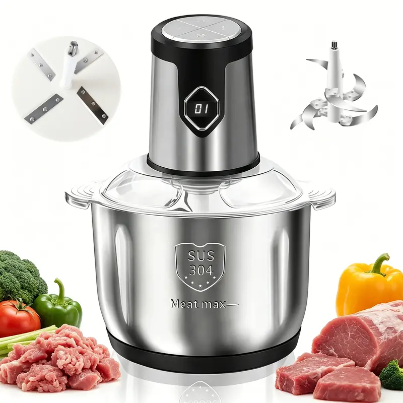 Taufikt Stainless Steel Meat Grinder & Kitchen Machine - 500W Motor, 5L Large Capacity Glass Bowl, 6-Blade Food Processor, 2-Min Heat Protect, Dishwasher Safe Household Kitchen Appliances